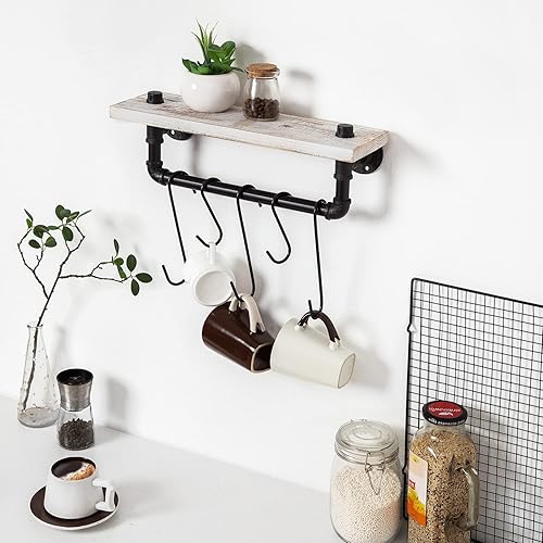 Miniatura 5 de Estante de madera con antorchas montado en la pared, barra colgante de estilo industrial con 5 ganchos extraíbles, diferentes longitudes, estante