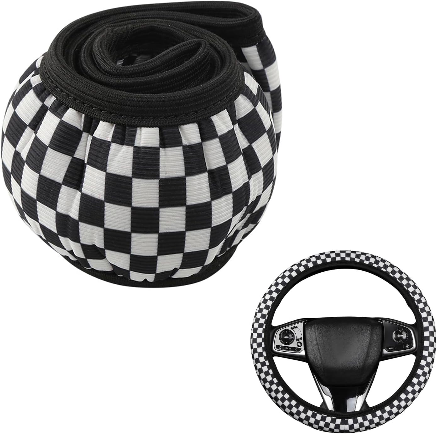 Checkerboard Steering Wheel Cover, Creative Personalized Stretch Ice Silk No Inner Ring Protective Cover, DIY Tuning Accessories for 14.96 Inch Steering Wheel (White & Black)