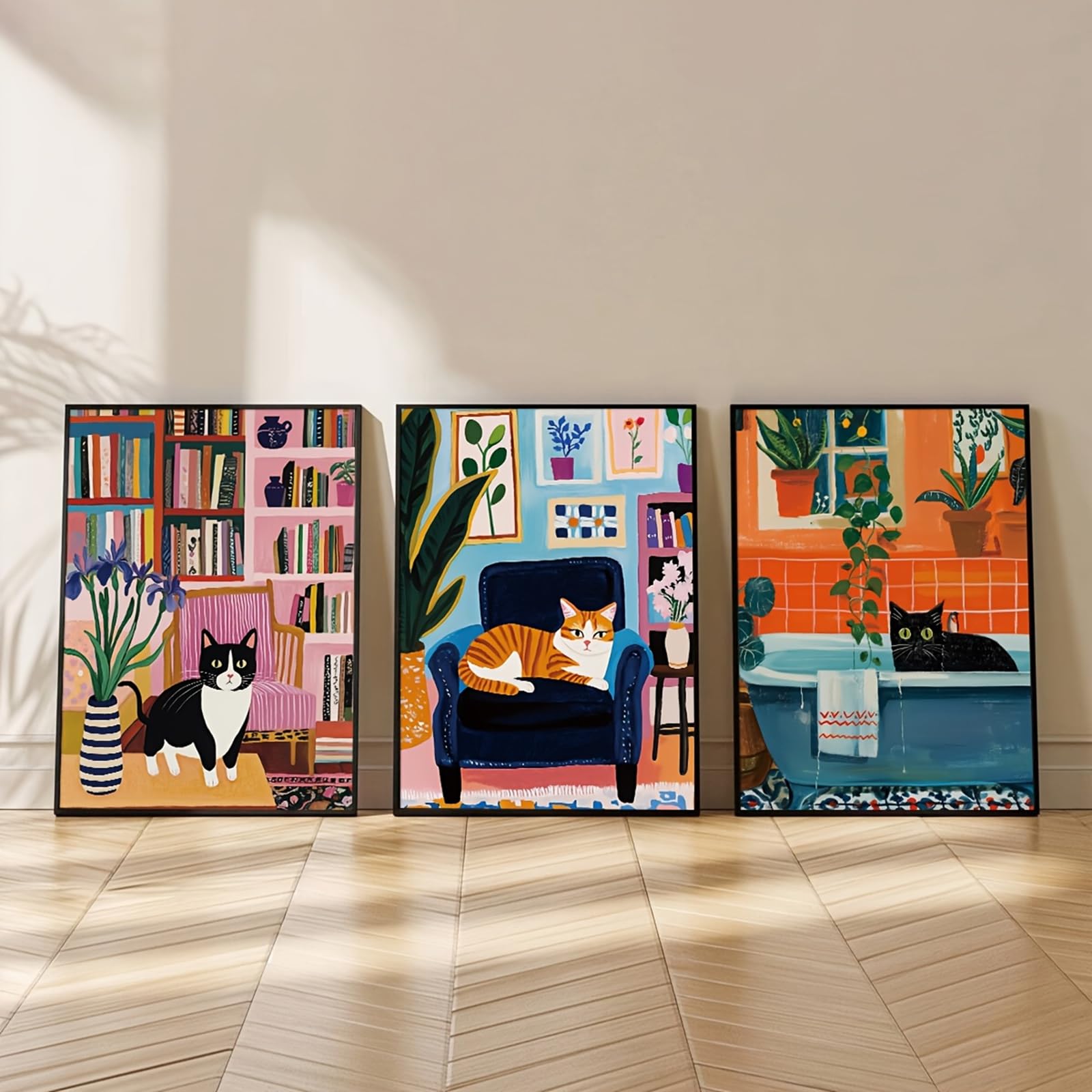 ZBELLO Set of 3 Posters, Funny Black Cat and Tabby Cat Abstract Canvas Prints, Cat Illustrations Aesthetic Art Prints for The Living Room, Bedroom And Home Decor, Unframed (50x70cm)