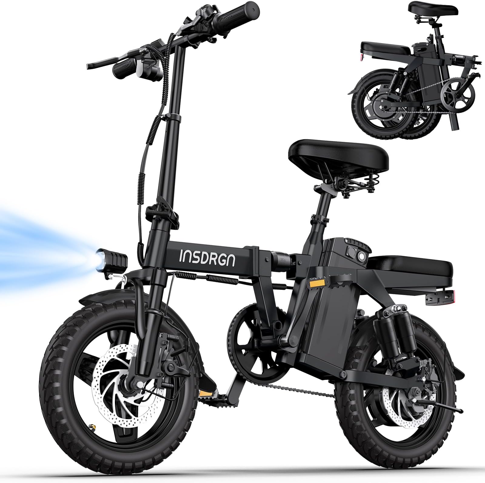 INSDRGN Electric Bike for Adults and Teens,14" Folding Adult E Bike with 650W Peak Motor,20MPH,28Miles Range,Advanced 9-Point Suspension & Dual Disc Brake,Removable Battery,UL 2849 Certified