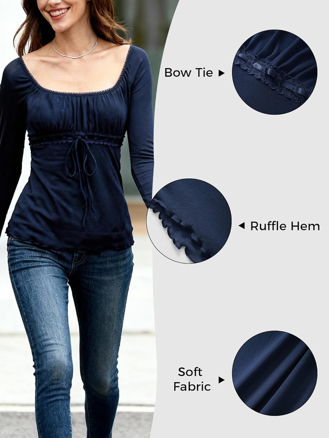 Y2K Mesh Top Women Long Sleeve Shirts Scoop Neck Ruffle Hem Babydoll Blouse - Image 5