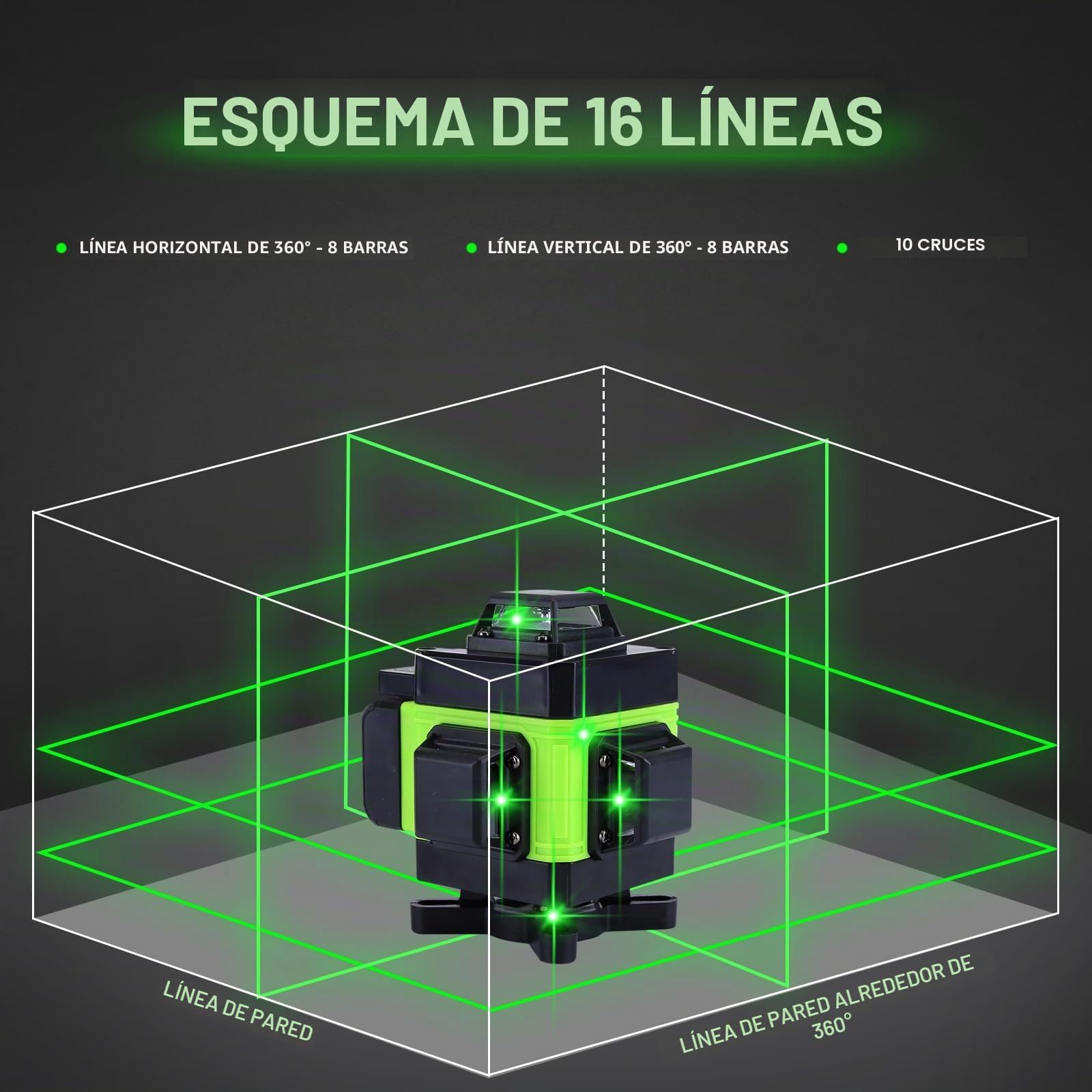 Nivel Láser 16 lineas, 4 x 360 Nivel Laser Autonivelante Verde 25m Alcance, Con1.5m Trípode,2 * 2400 mAh, Soporte de Pared, Plataforma Elevadora, Control Remoto (Verde)