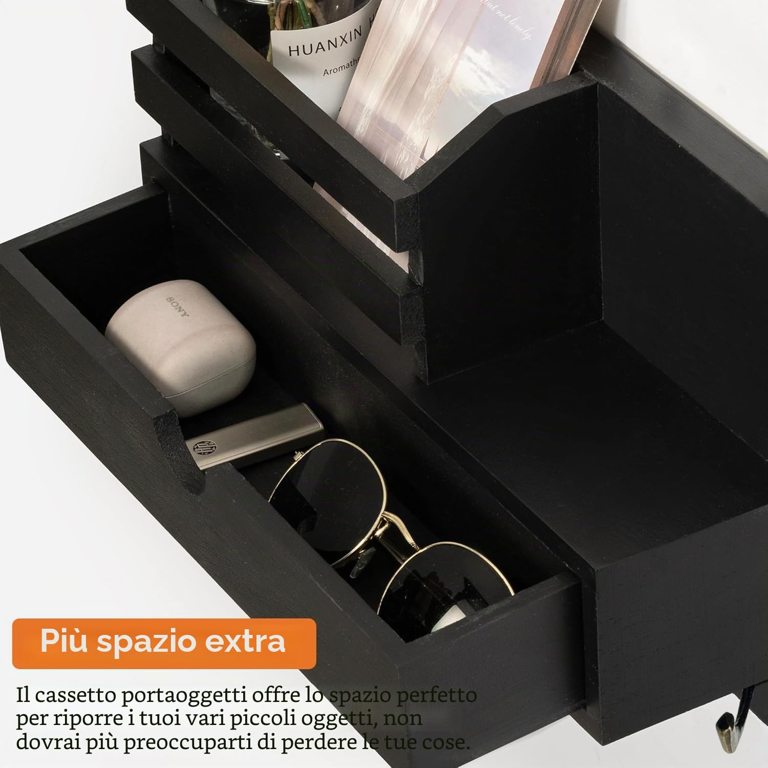 Portachiavi da Parete con Cassetto Portaoggetti, Portachiavi in Legno con 4 Doppio Ganci, Mensola da Parete per Portachiavi, Appendi Chiavi a Muro per Casa, Ingresso, Ufficio - Nero