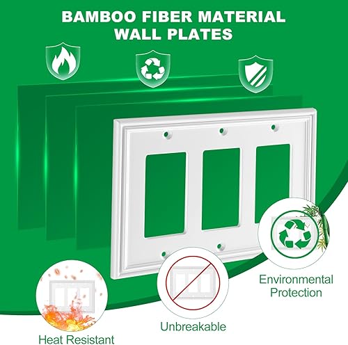 Miniatura 8 de Cubierta decorativa blanca para interruptor de luz de triple palanca, placa de pared, material de fibra de bambú natural, estilo moderno (palanca de
