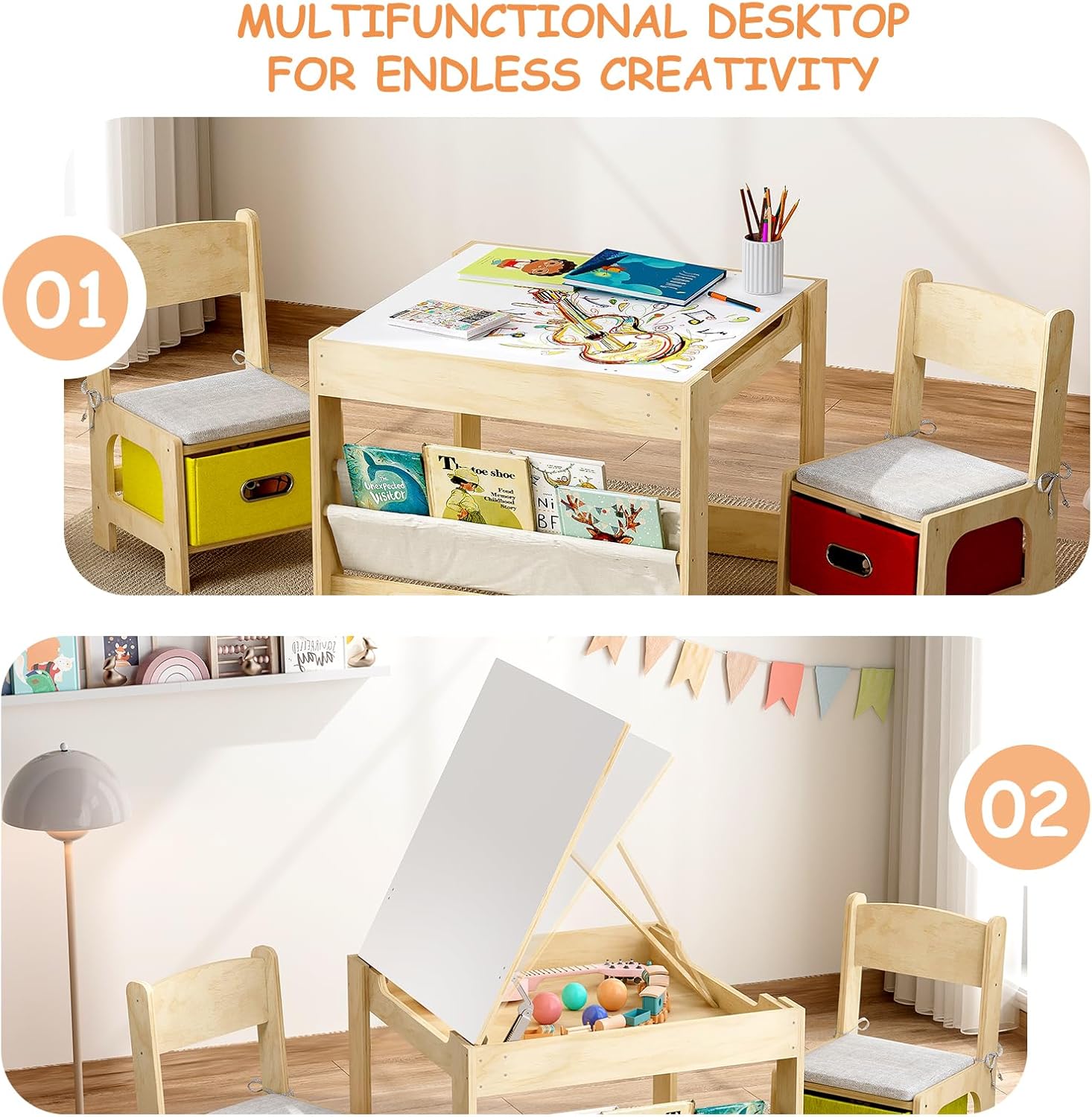 Kids Table and Chairs, Wooden Kids Table and 2 Chairs with Adjustable-Height Drawing Tabletop, Toddler Table and Chair Set with Safety Hinges,Storage Drawers & Bookshelf for Playroom Nursery