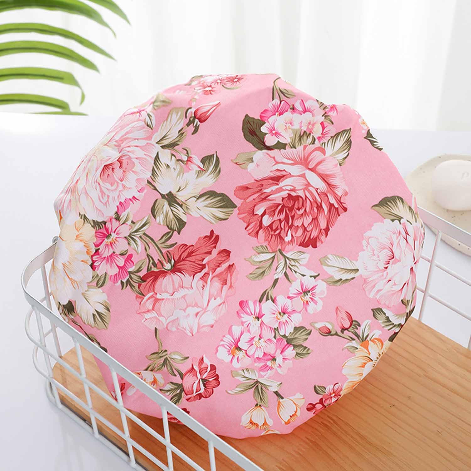 Bath Caps Elastic Band Waterproof Shower Caps With Ruffled Edge Covering Ears Keeping Hair Dry Kitchen Oil-proof Cap for Girls and Women (peony) - Image 3