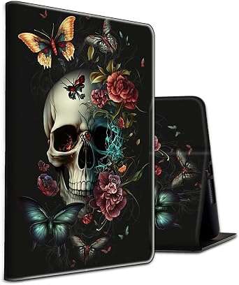 for 10.1" Amazon Fire HD 10 Tablet 13th Generation, 2023 Release,PU Leather Multi-Angle Anti Slide Stand Cases with Auto Wake/Sleep,Butterfly Skull Flower