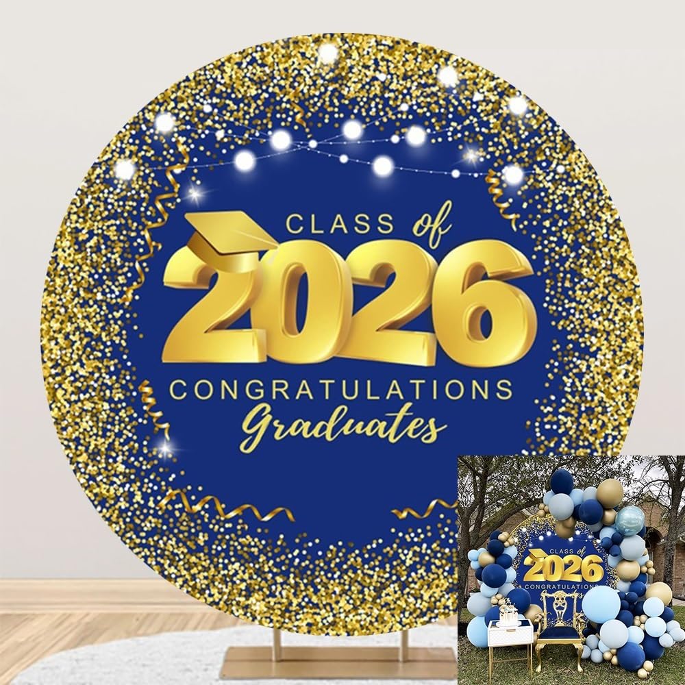 Leyiyi 7.2x7.2ft Class of 2026 Round Backdrop Cover Graduations Graduates Party Gold and Blue Glitter Bokeh Photography Background Congrats Grad Prom