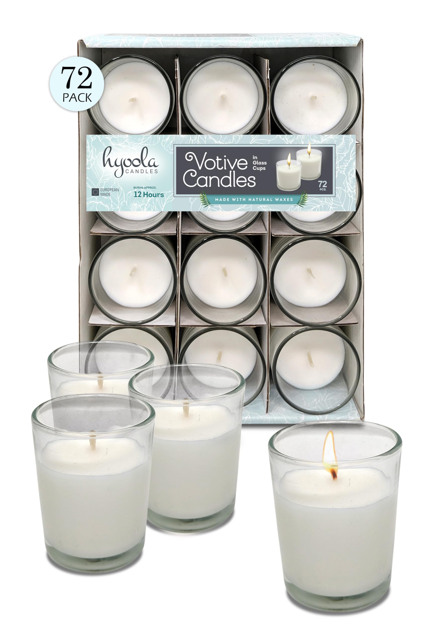 Hyoola Biała Świeca w Szkle - Świece Dekoracyjne 72 Sztuk - Votive Candles 12 Godzinny Czas Spalania - Wotywna Świeca Bezzapachowa - Świeca w Szkle Dekoracja