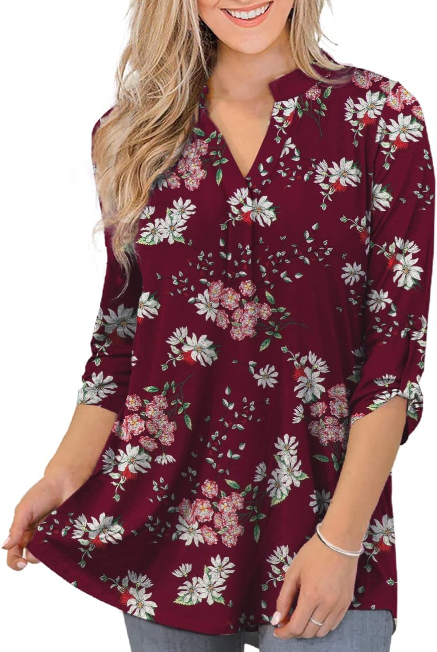 Women’s Plus Size Tops V Neck Tunic Blouses 3/4 Roll Sleeve Casual Shirts M-4x