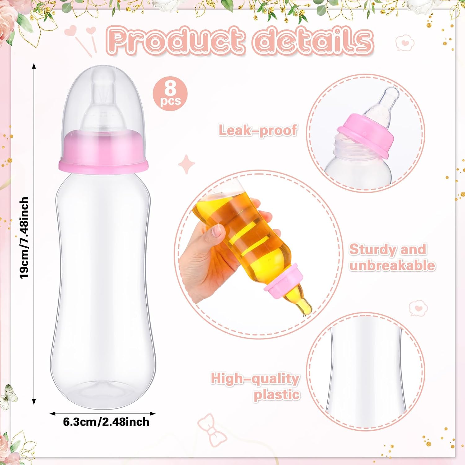 8 Sets Funny Plastic Bottle Chug Baby Shower Games, Diaper Change Game Kit with 8 Plastic Baby Bottles, 8 Disposable Diapers and 1 Game Sign for Gender Reveal Party Favors(Floral,Pink)