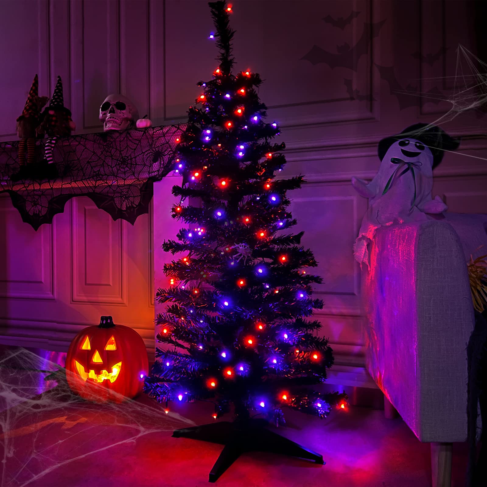 [ 80 Orange & Purple Lights ] 4 Ft Black Halloween Christmas Tree Decoration with Timer DIY LED Battery Operated Artificial Black Tinsel Halloween Xmas Tree Halloween Indoor Decor Outdoor Home Party
