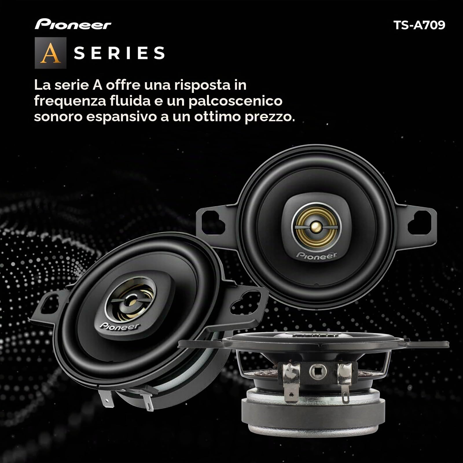Pioneer TS-A709 Serie A 2-3/4" Altoparlante coassiale a 2 vie 450 Watt Max Power con tweeter da 16 mm - coppia, nero | Ottimo pezzo di ricambio, suono equilibrato e alti lisci, facile installazione