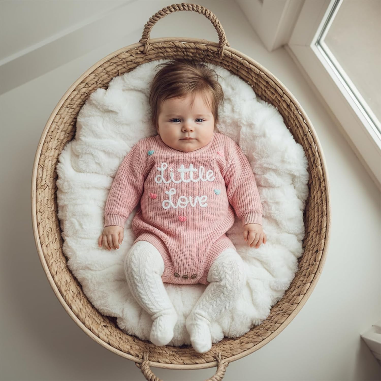 Lesimsam Newborn Baby Boy Girl Valentines Day Outfit Oversized Embroidery Long Sleeve Knit Sweater Bubble Romper Bodysuit - Image 2