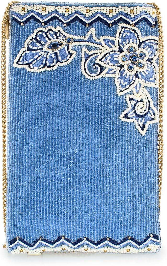Mary Frances Easy Street Beaded Floral Crossbody Cell Phone Bag Clutch with Embroidery and Removable Chain Strap, Ivory/Blue