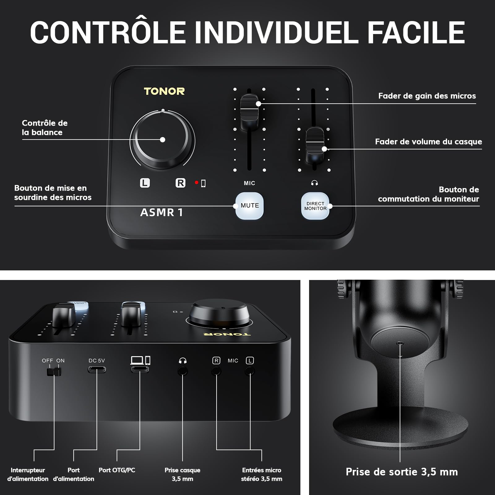 TONOR Ensemble D'équipements Micro ASMR, Microphone à Double Condensateur avec Interface Audio, Audio 3D Immersif, Son Clair, Contrôle du Volume, Kit pour ASMR, Podcast, Enregistrement, Noir