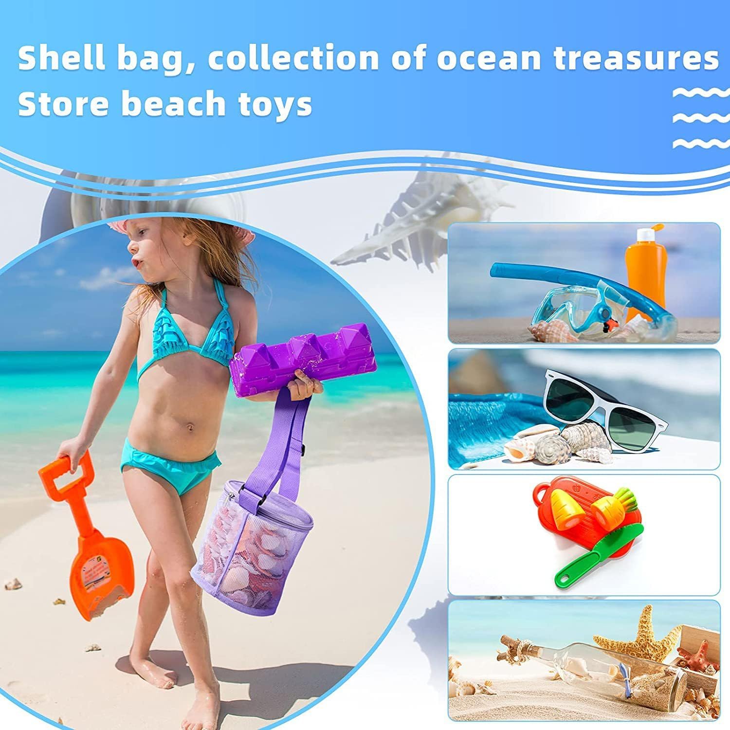 SeaShell Bag for Beach,Beach Vacation Essentials Mesh Beach Bag Portable Sand Bucket Organizer for Storing Beach Toys Shells Towels and Sundries