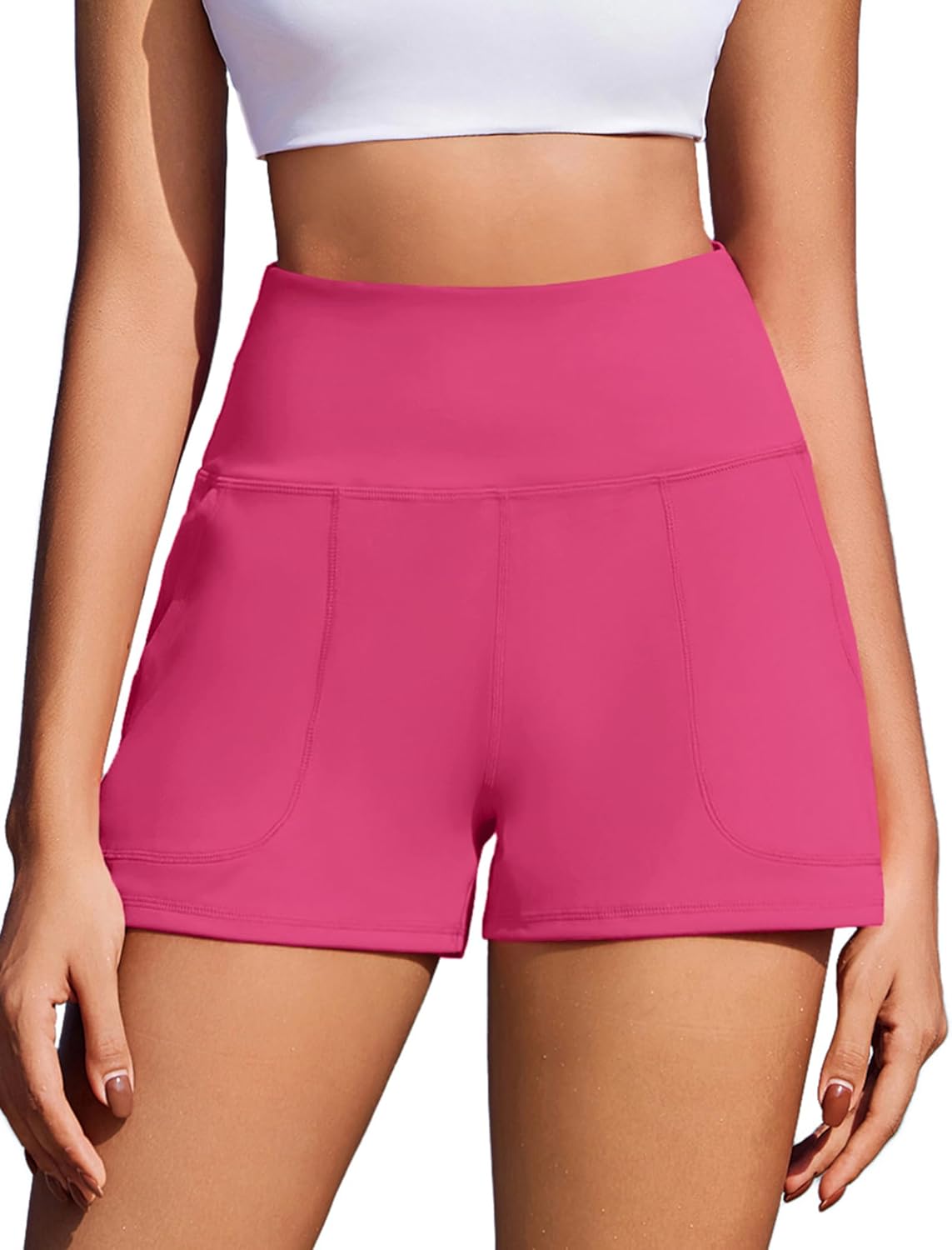PINSPARK Workout Shorts Women Wide Leg Athletic Shorts High Waisted Yoga Shorts Tummy Control Gym Short with Pockets