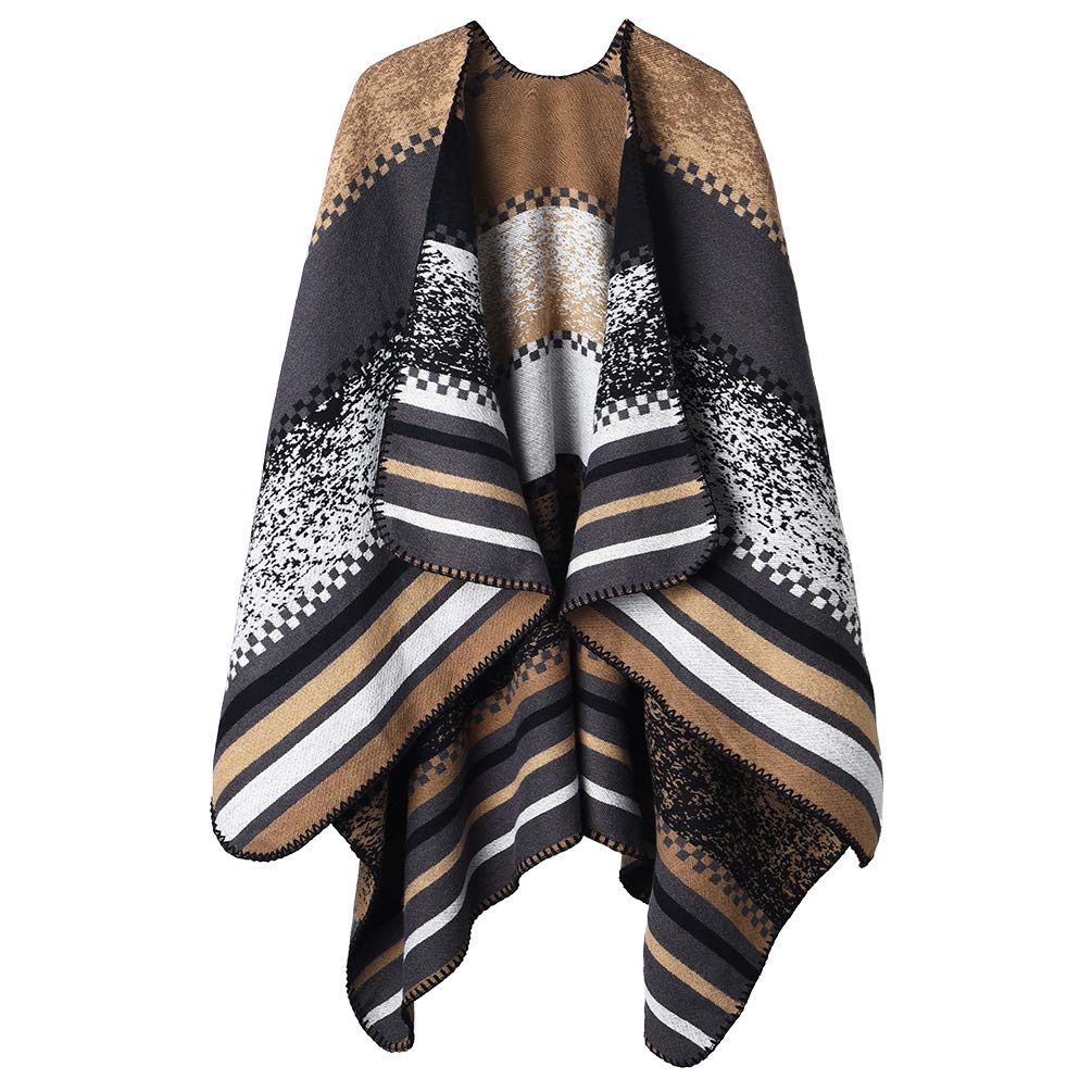 OOPOR Poncho Châle Rétro Ouvert Femme - Plaid Imprimé Tricot Pull Manteau Gilet Large Long Pancho Tartan Style Capuche Chaud Grand Polaire Cape Veste Foulard Ponchos Echarpe Automne Hiver Ethnique