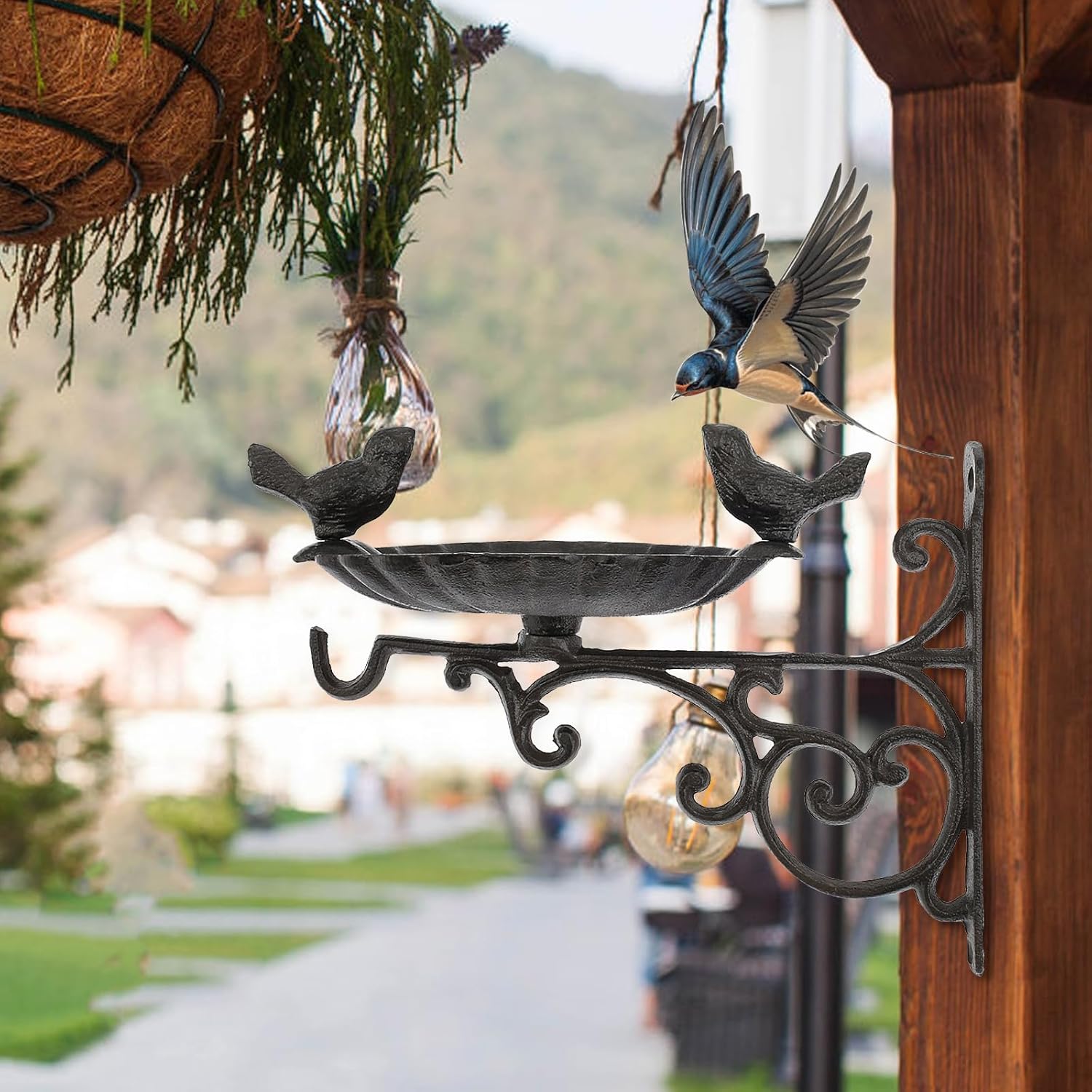 Heavy Duty Cast Iron Bird Feeder with Hanging Bracket, Wall Mounted Bird Bath, Vintage Lovely Fence Tree Mount Birds Hanger Wall Hook for Planters Lanterns Wind Chimes and More Garden Decorative Items
