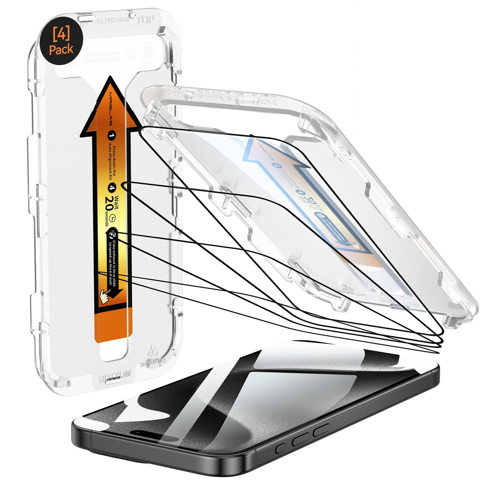 MRGLAS 4-Pack TOP 9H+ Glass for iPhone 15 Pro Max Screen Protector [Auto Alignment Kit] [10X Military Protection] UNBREAK Tempered Glass for 15 ProMax 6.7 inch Longest Durable Case-Friendly