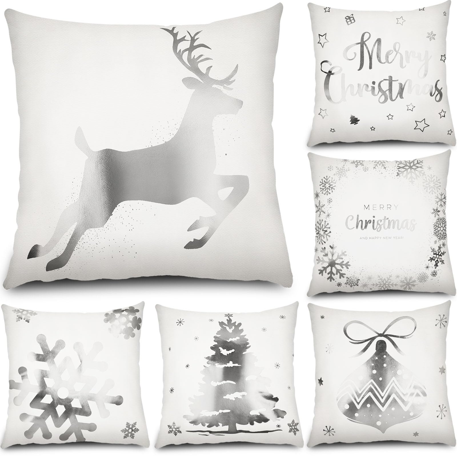 6 Pcs Housses de Coussin de Noël Taies d'oreiller Joyeux Noël Housses d'oreiller en Peluche pour Décoration d'hiver Vacances Canapé Sofa Bureau Chambre 45 x 45 cm (Blanc, Argent)