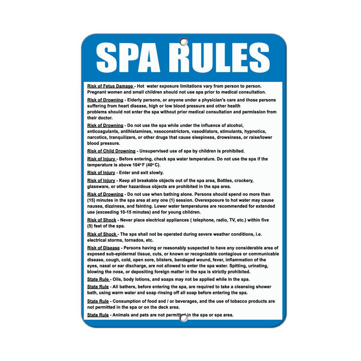 Aluminum Vertical Metal Sign Multiple Sizes Spa Rules & Regulations Read Follow for Safety E Swimming All Over Weatherproof Street 18x24Inches