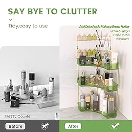 NATURE\'S SOURCE Makeup Organizer for Vanity, 3-Tier Corner Bathroom Organizer Countertop with Makeup Brush Holder, Corner Counter Storage for Bathroom Dresser- Green