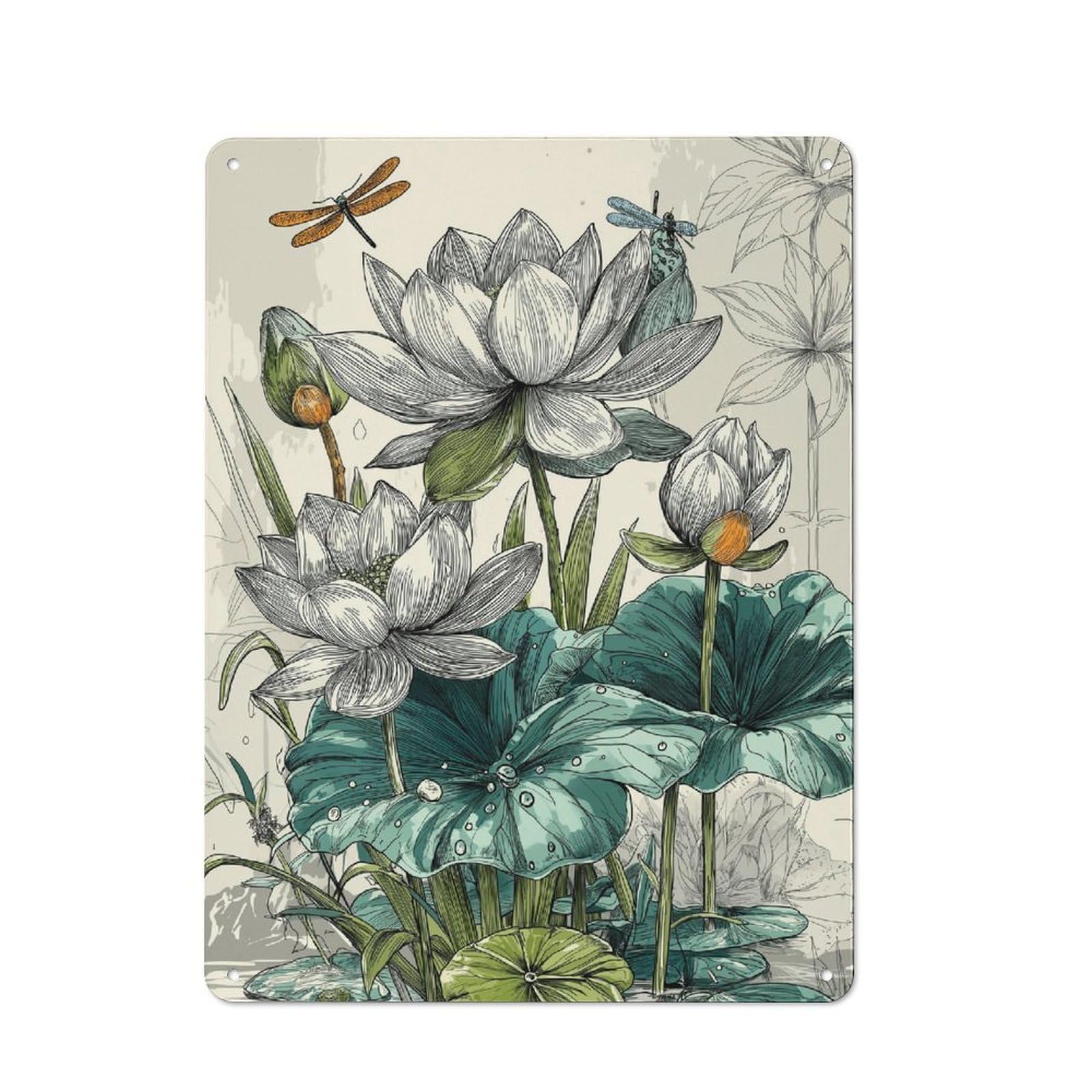 Junmoney Lotus And Dragonflies For Garden Room Or Summerhouse, Retro Tin Sign 40X30cm, Suited To Wall Displays In Garden Rooms And Summerhouses