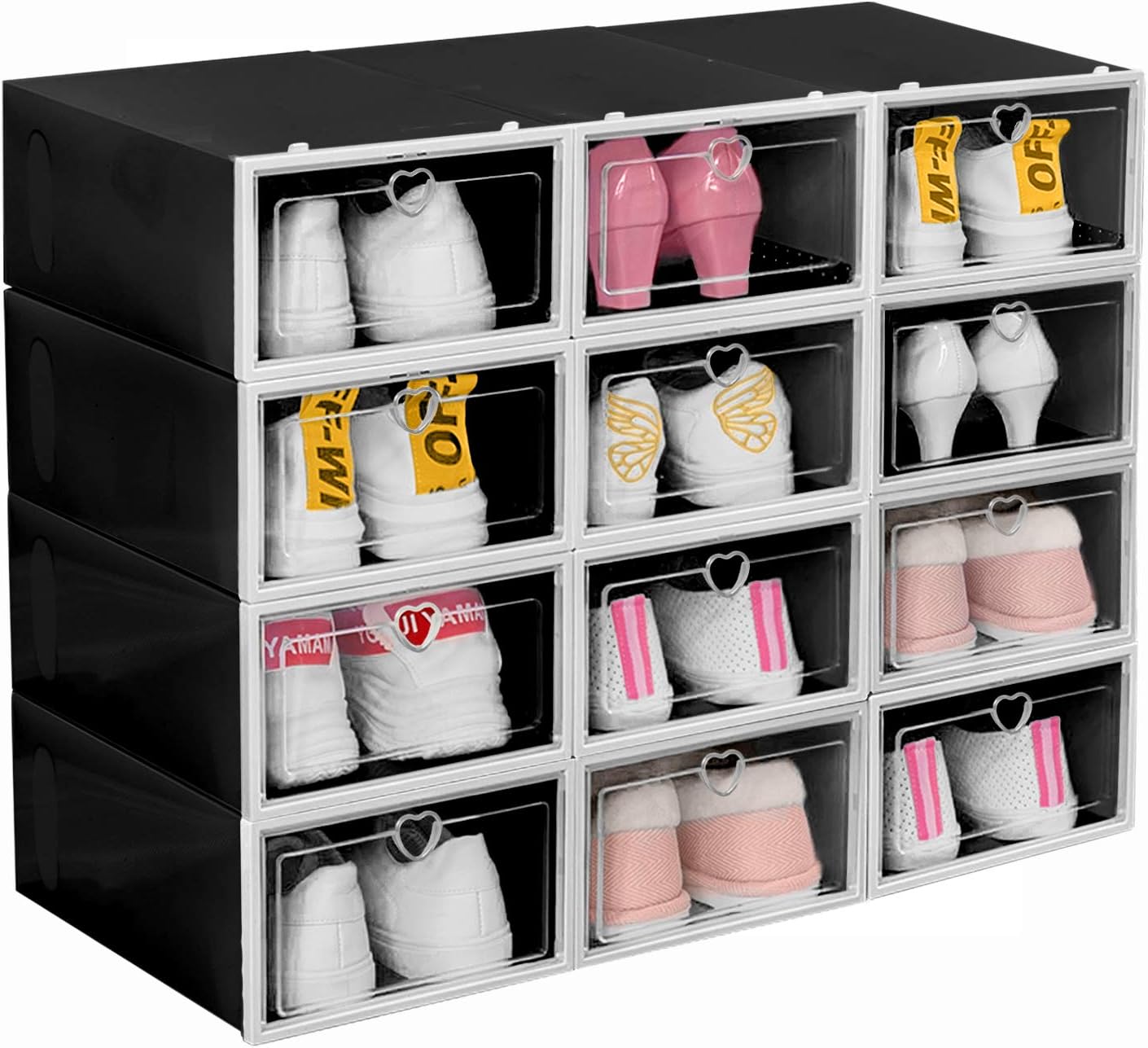 Hommtina 12 Pack Stackable Shoe Boxes Plastic Storage Bins, Sneaker Container with Clear Lids, Closet Organizer (Black)