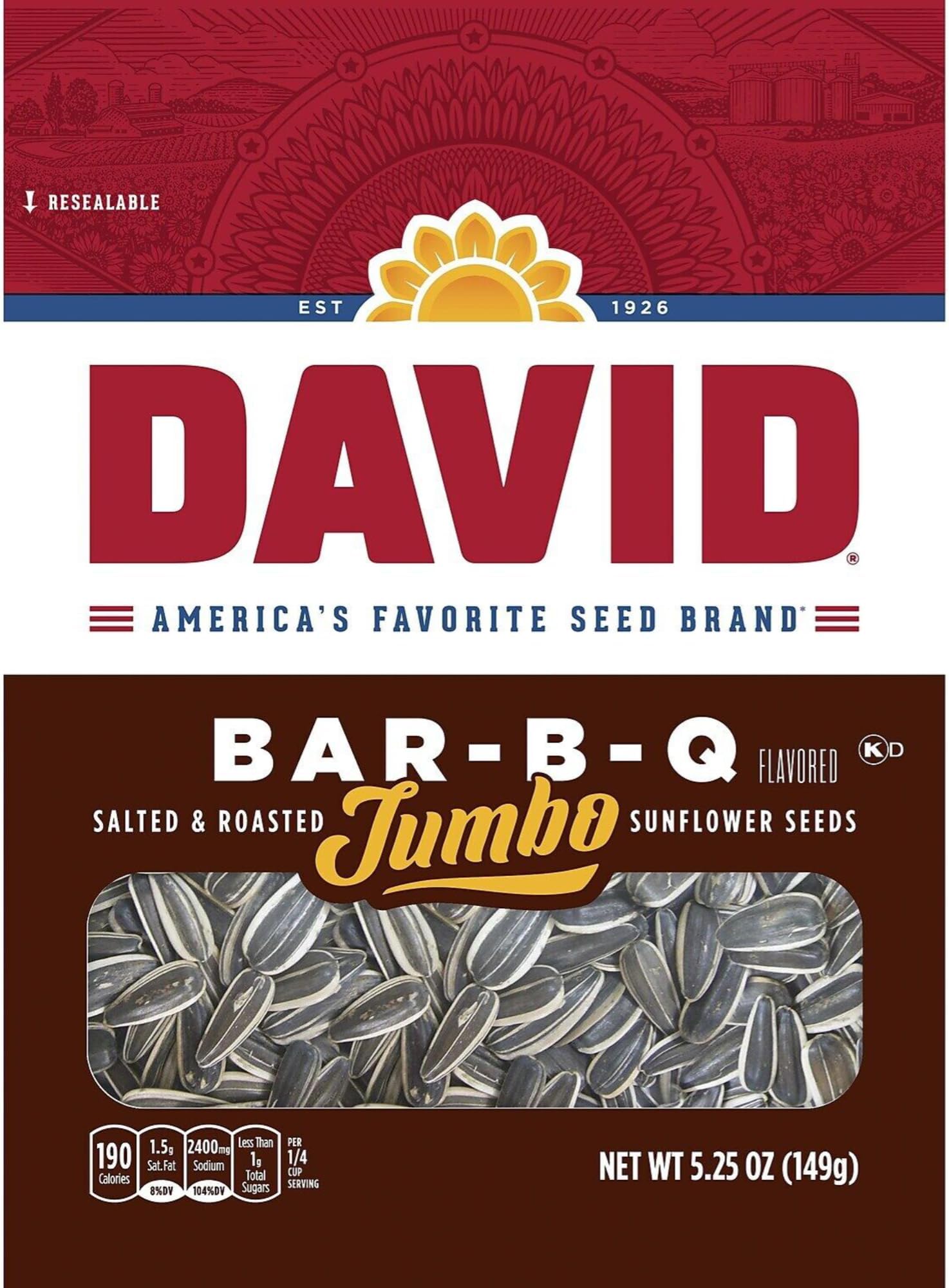 David BBQ Sunflower Seeds, 5.25 oz, (2 packs) Roasted and Salted
