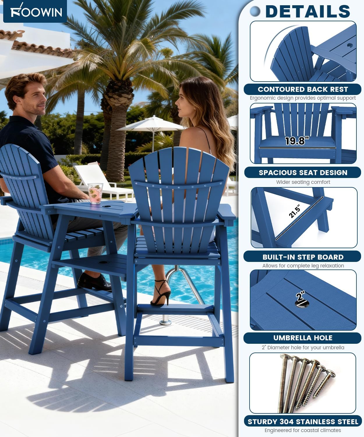 FOOWIN Tall Adirondack Chair Set of 2, All Weather HDPE Bar Height Adirondack Chair with Double Connecting Trays, Adirondack Barstools for Balcony, Deck, Backyard, Patio, Garden Navy Blue