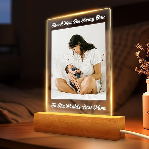 Lámpara de fotos personalizada con luz LED 3D grabada con nombre y palabras, letrero de luz acrílica, soporte de madera, lámpara de mesa para mamá,