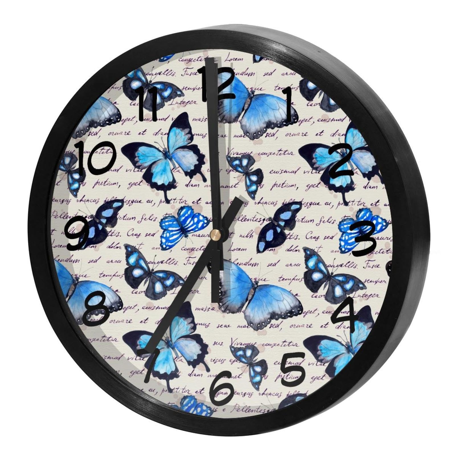 Horloge murale ronde à piles motif aquarelle papillons bleus