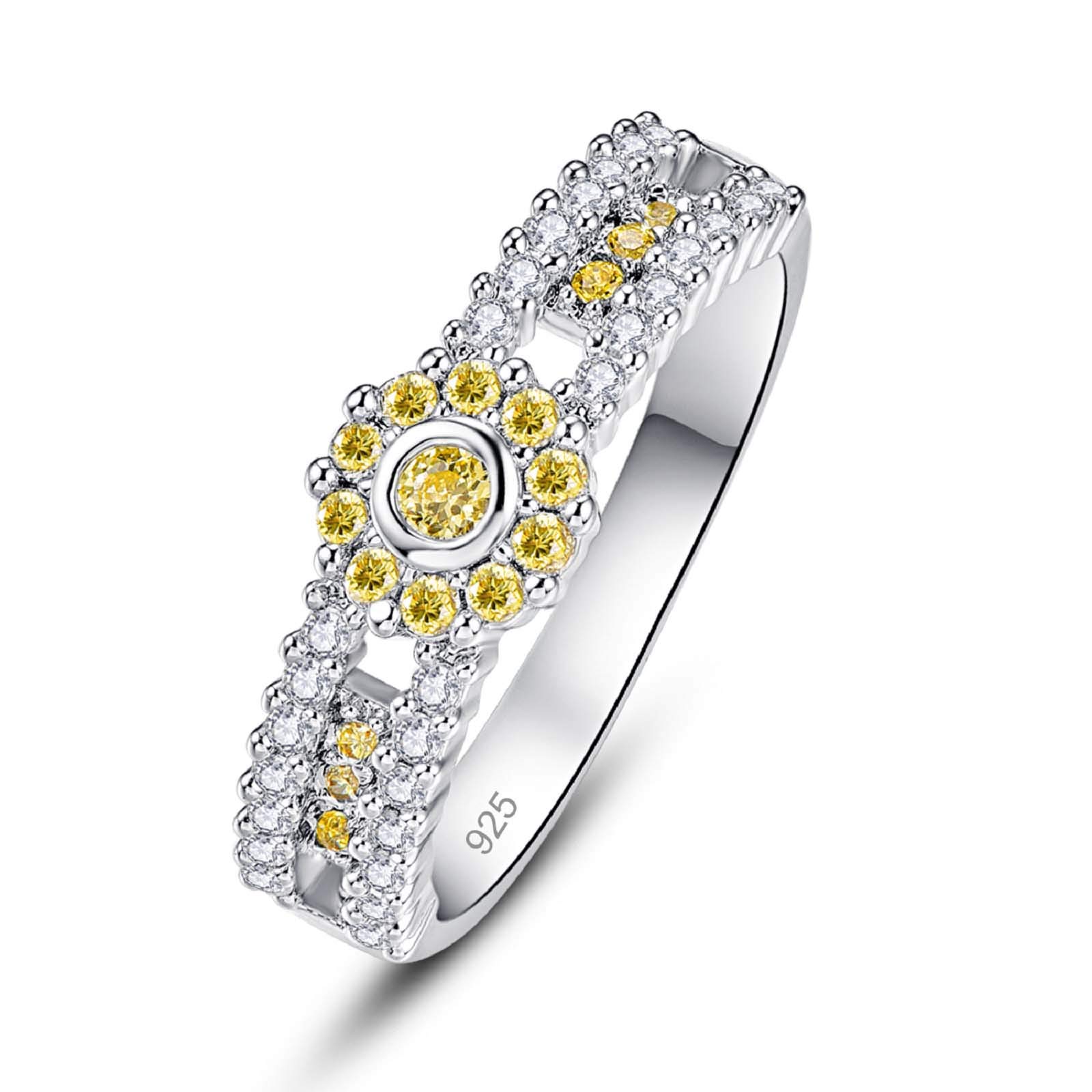 Emsione 925 Silver Plated Created Citrine Round Cut Halo CZ Pave Flower Statement Eternity Promise Ring Engagement Wedding Bands for Women Size 7