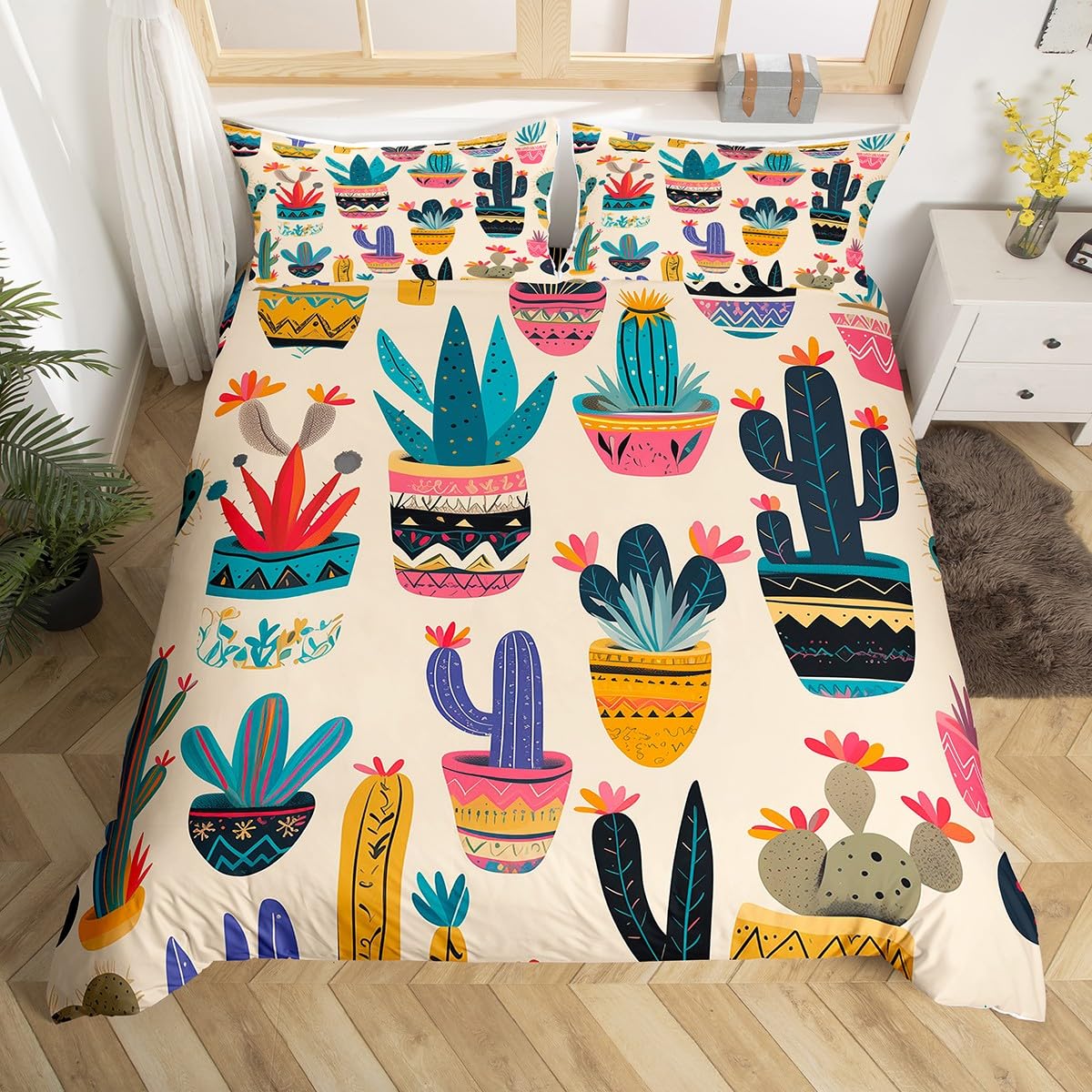 Kids Cactus Comforter Cover King Colorful Succulents Bedding Set For Boys Girls,Tropical Botanical Duvet Cover,Exotic Tribal Plants Quilt Cover Bedroom Decor 3 Pcs