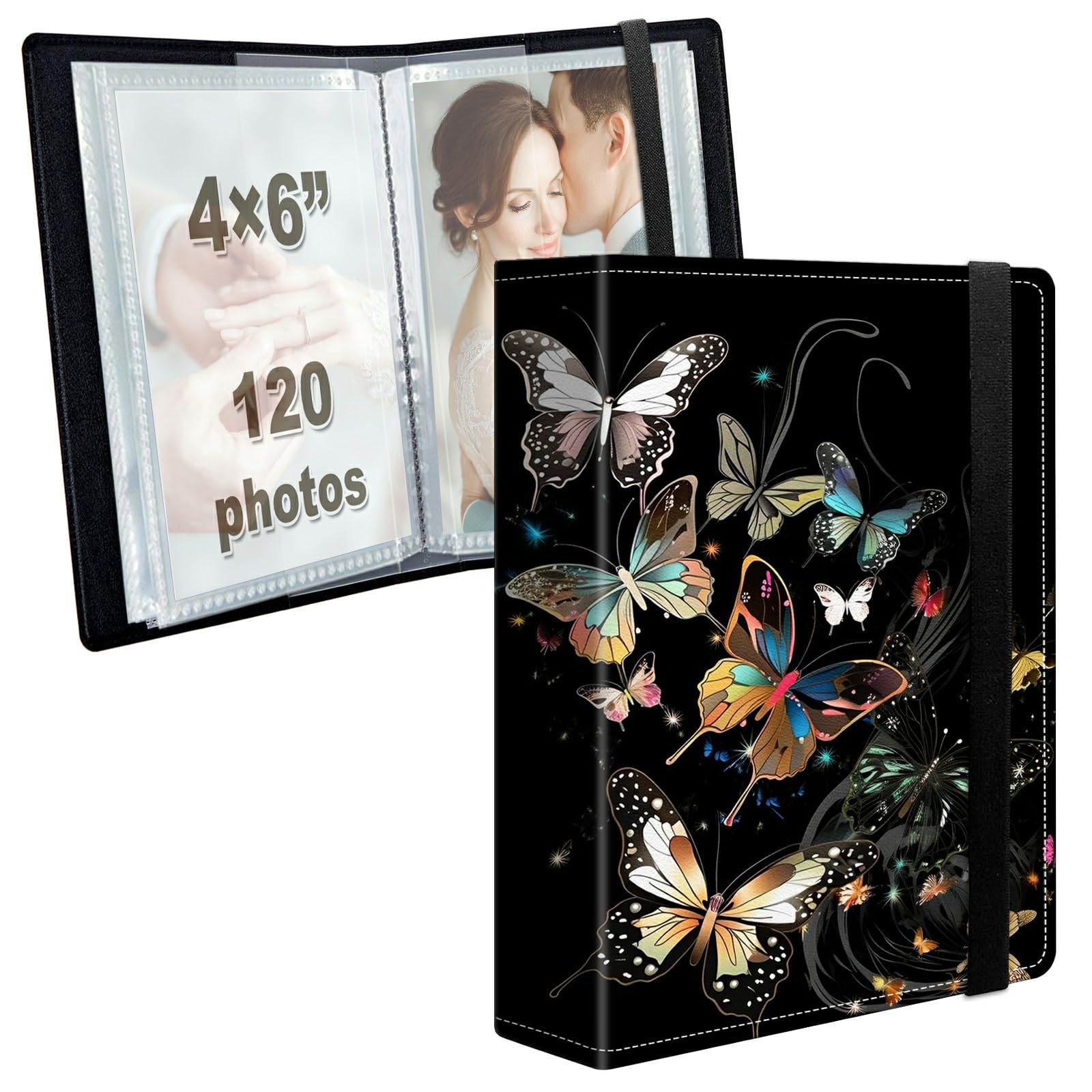 Photo Album 4x6 120 Photos with Strong Elastic Band, Midnight Butterflies