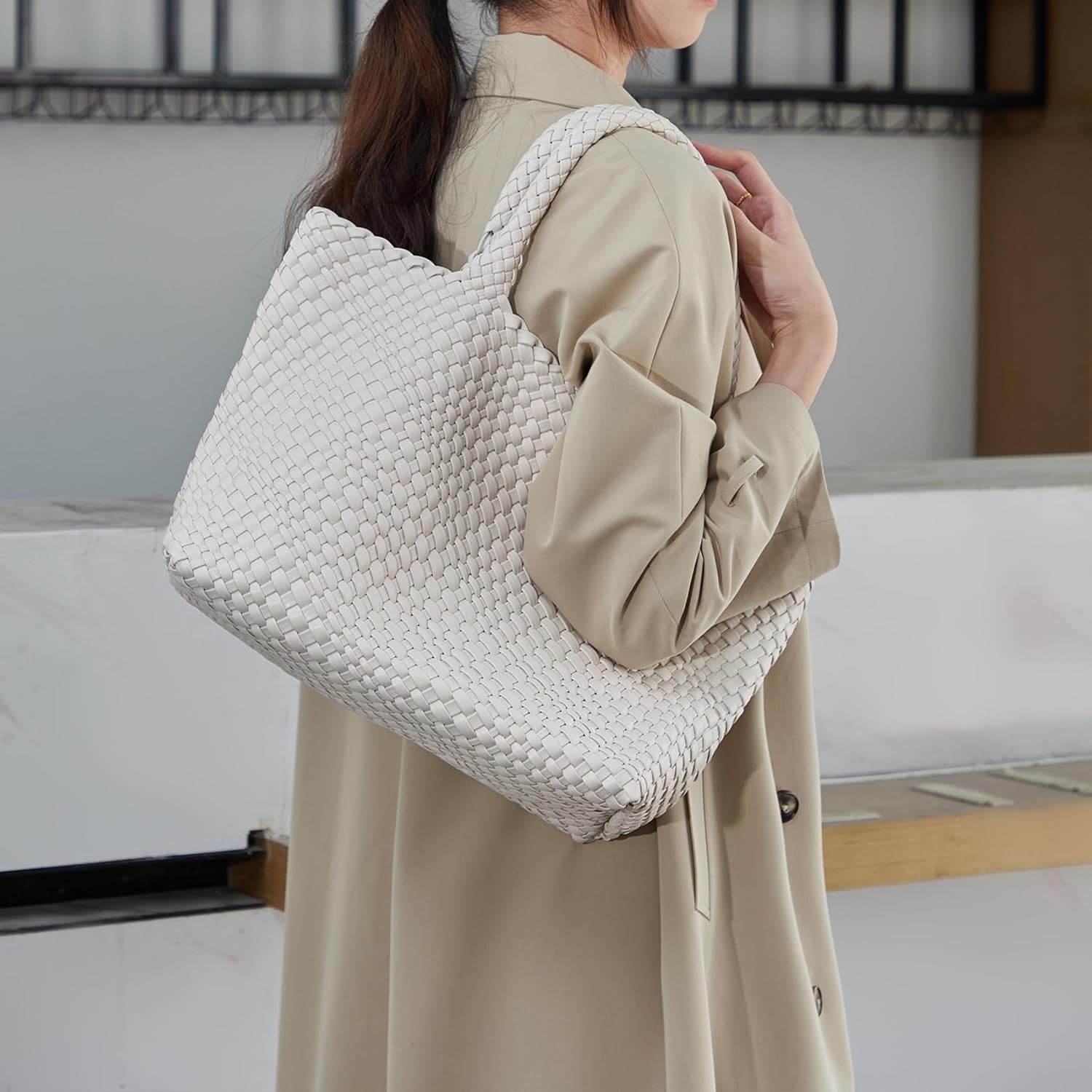 Woven Shoulder Bag for Women, Fashion Top Handle Soft Vegan Leather Shopper - Image 3