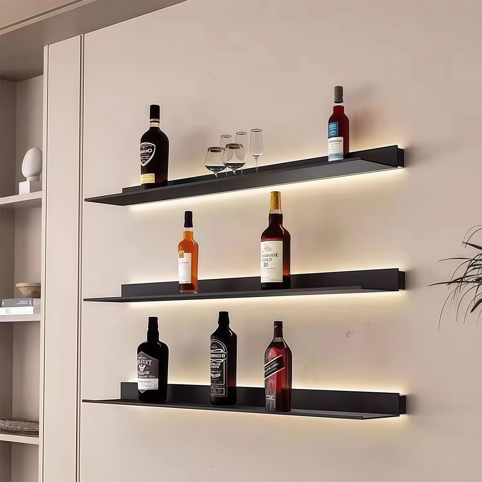 Étagère flottante à DEL noire 90cm en aluminium pour vitrine murale de salle de bain