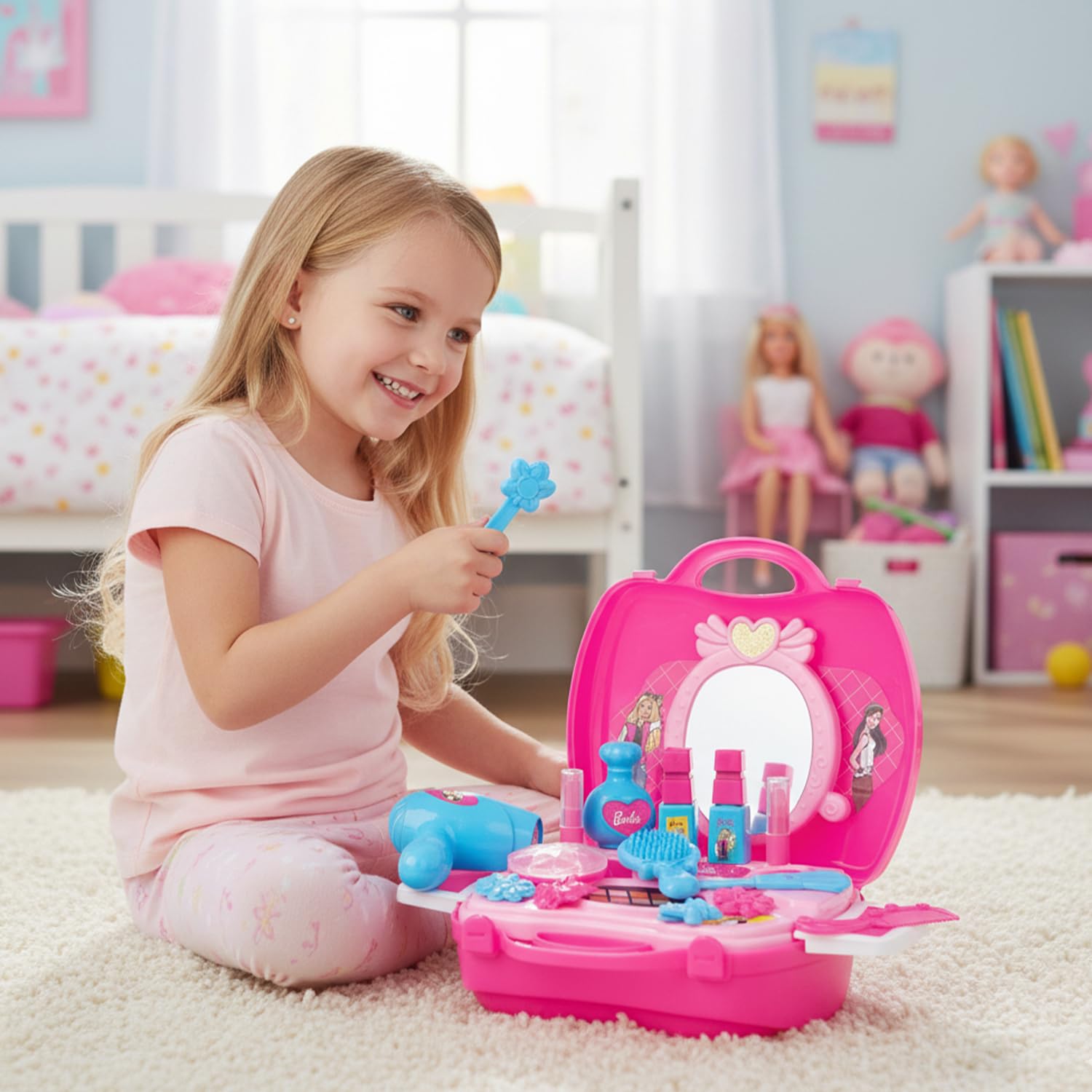 Amazon Brand Jam & Honey Barbie Makeup Kit for Girls, BIS Safe for Kids, Pretend Play Beauty Set with Toy Makeup Accessories, Portable Suitcase Vanity Kit for Kids Age 3+ Years, Non Toxic 3