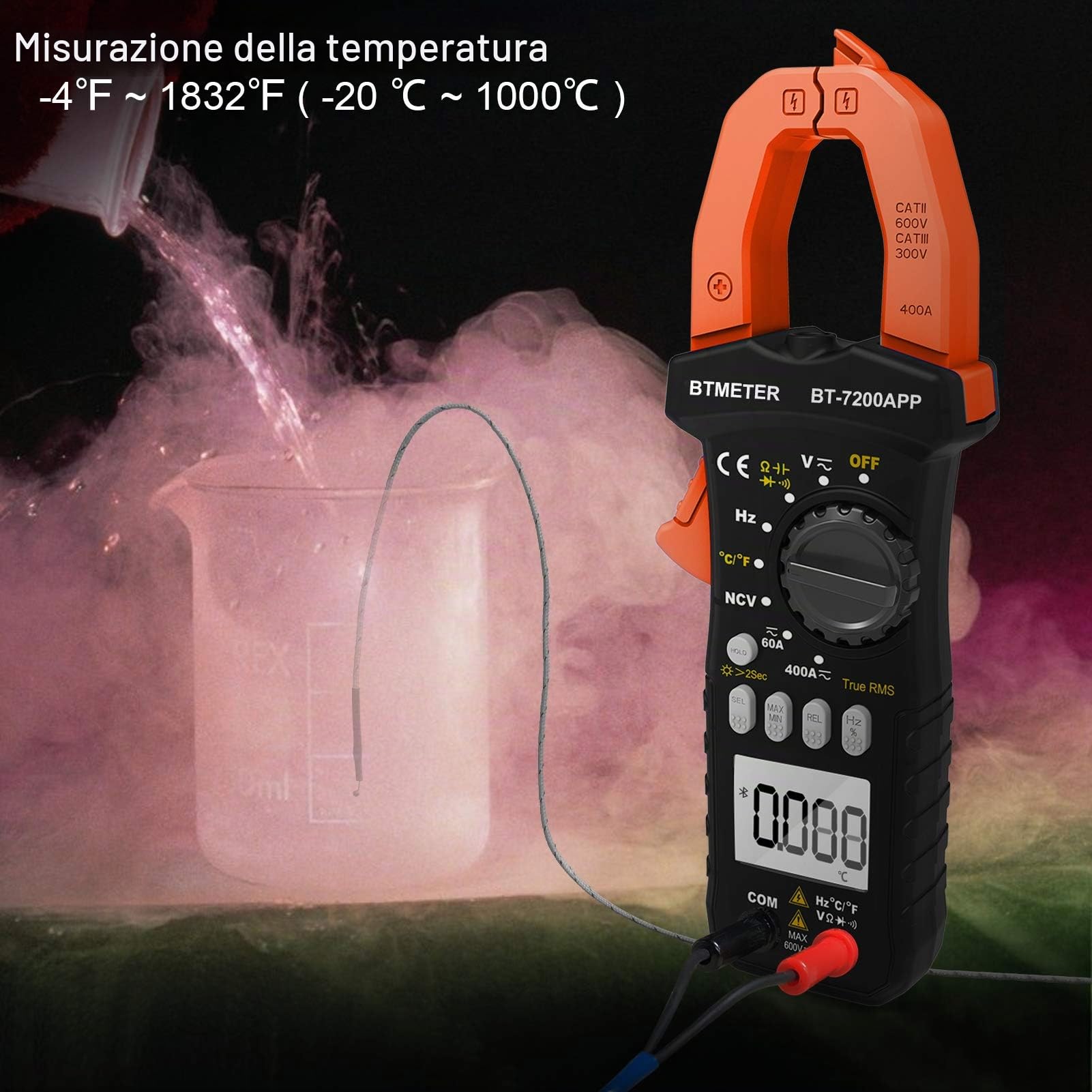 BTMETER BT-7200APP TRMS 6000 conteggi Multimetro a pinza, Amperometro a pinza digitale Bluetooth per corrente alternata/CC Tensione Resistenza Condensatore Frequenza Continuità Temperatura NCV