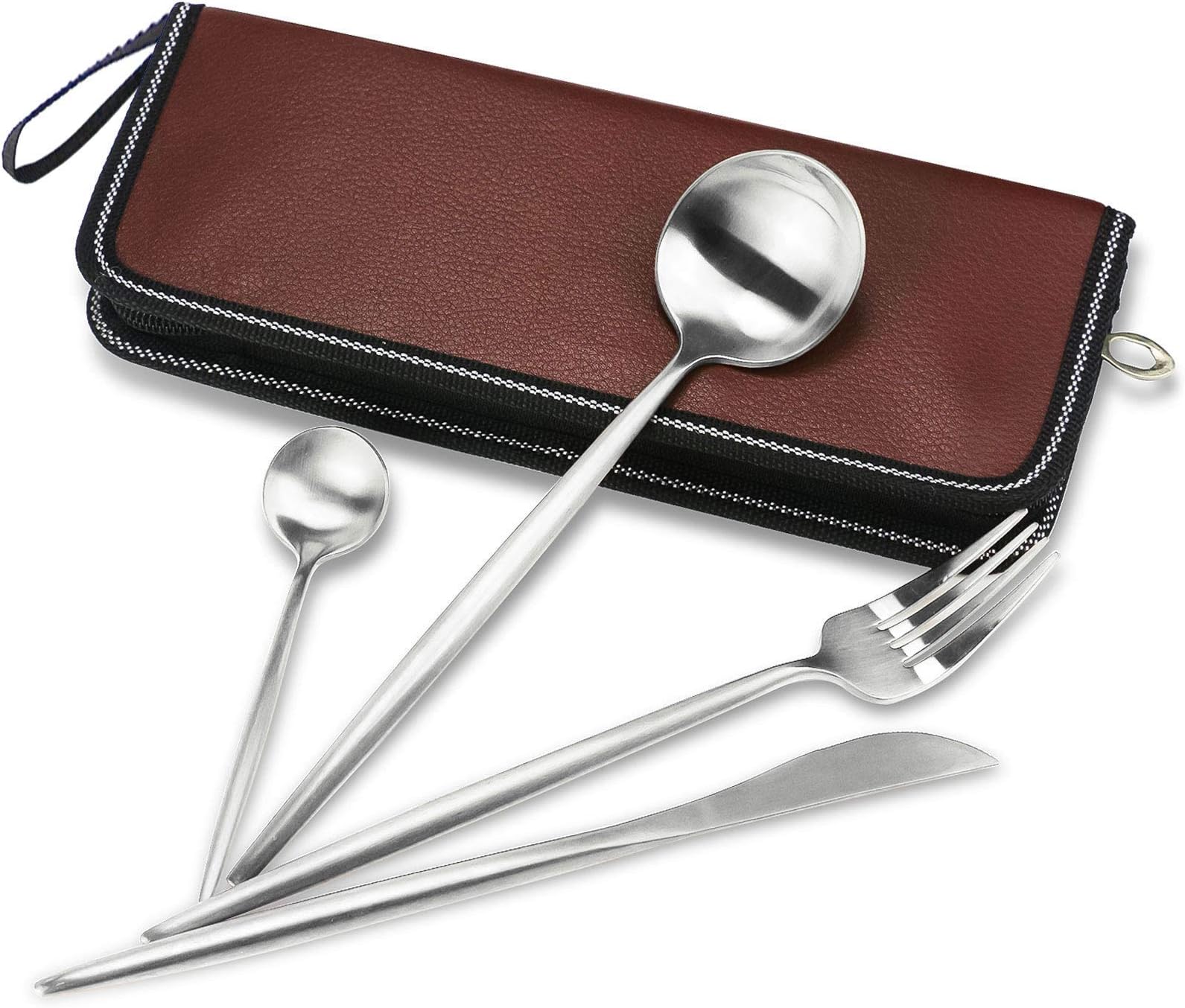 topbooc 4 Pieces Spanish Stainless Steel Flatware Set, Knife Fork Spoons, Travel Camping Cutlery Set, Reusable Lunch Box Utensils, Portable Travel Silverware Set(4pcs silver with a Leather Box)