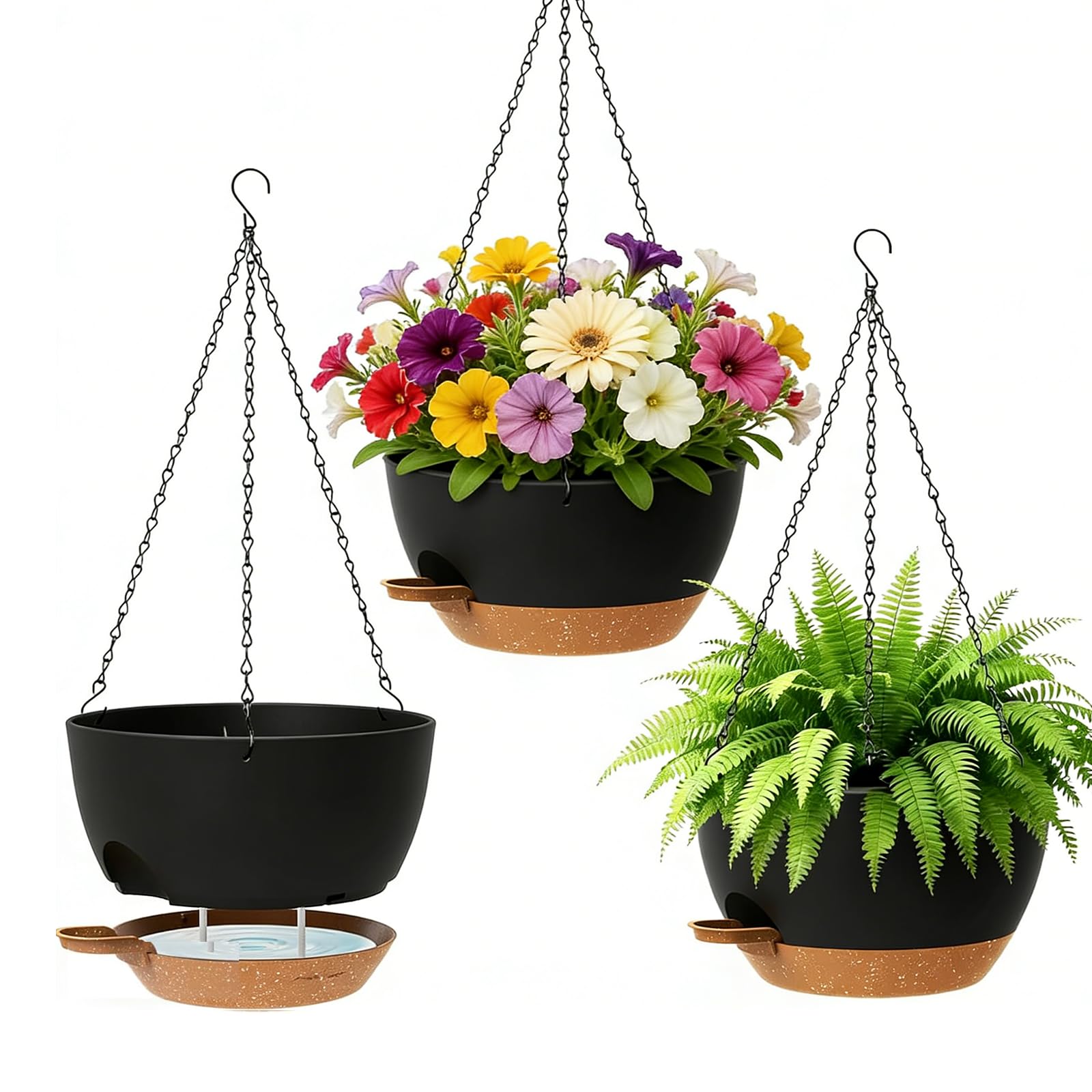 25cm Selbstbewässernde Hängende Blumenampel, 3 Blumentopf Hängend,Hängetopf für Pflanzen mit Drainagelöchern und Abnehmbarem Untersetzer, hängeampel Blumentöpfe zum Aufhängen für Haus Garten (Schwarz) Garten
