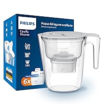 Philips Water Caraffa filtrante + 6 cartucce filtranti di ricambio, Filtrazione Avanzata, flusso rapido, timer elettronico, filtra CLORO, CALCARE, METALLI PESANTI e MICROPLASTICHE, BIANCO, 2.6 litri