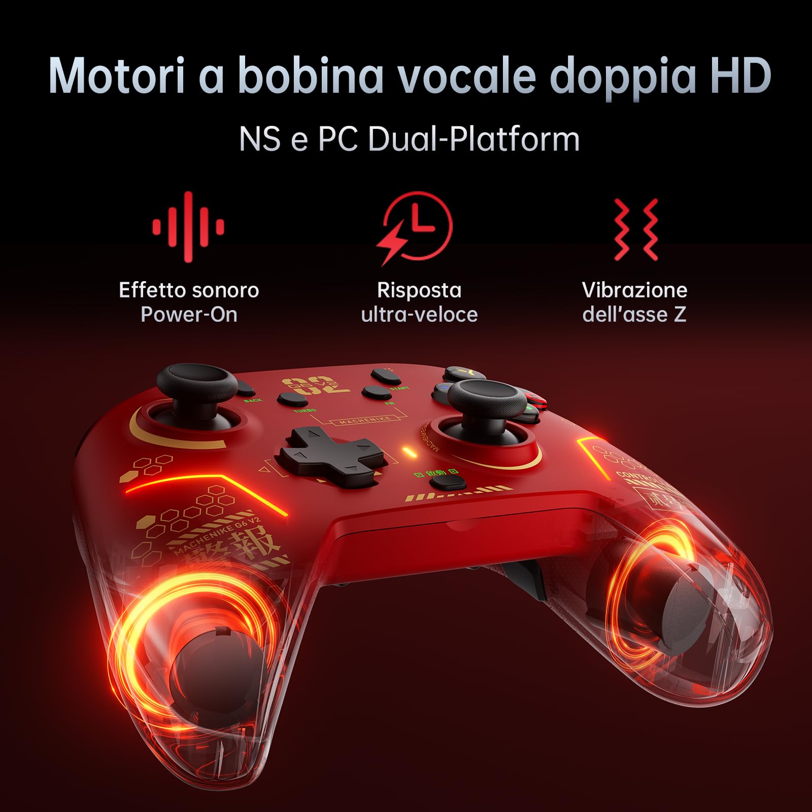 Machenike G6V2 Controller, 2 motori a bobina mobile HD, joystick TMR con coppia regolabile, 2 trigger TMR, pulsanti ABXY facilmente intercambiabili, 4 pulsanti programmabili, 1000 Hz, 1200 mAh, Rosso