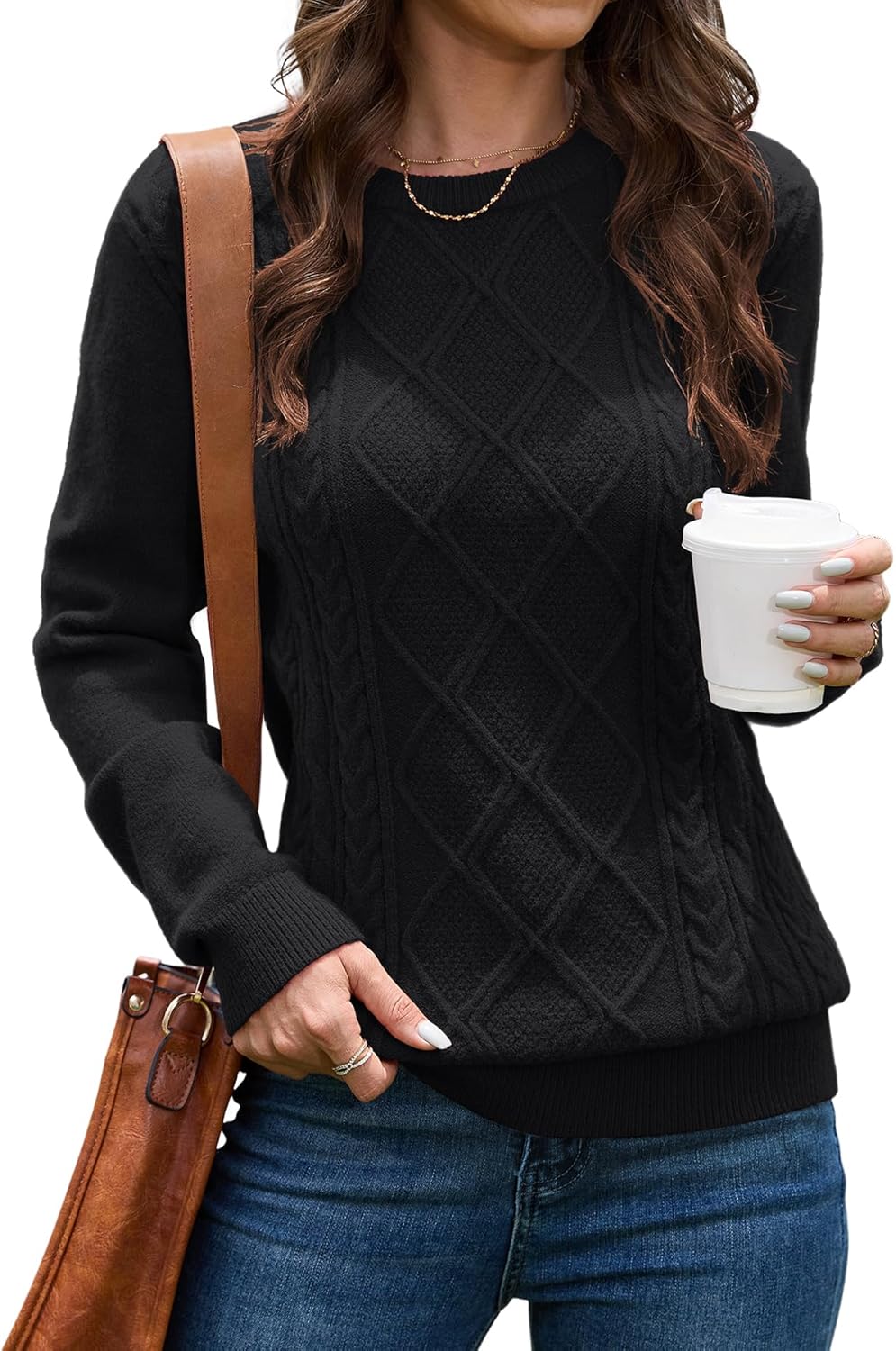 VIISHOW Women’s Long Sleeve Cable Knit Pullover Sweater Cream Sweater Crew Neck Casual Fall Winter Chunky Knit Pullover Tops