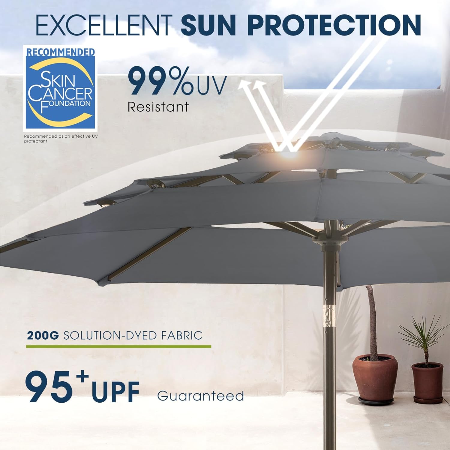 wikiwiki 9ft 3-Tier Patio Umbrella Outdoor Table Market Umbrella for Patio with Push Button Tilt/Crank, Fade Resistant Waterproof POLYESTER Canopy for Garden, Lawn, Deck, Backyard & Pool, Dark Gray