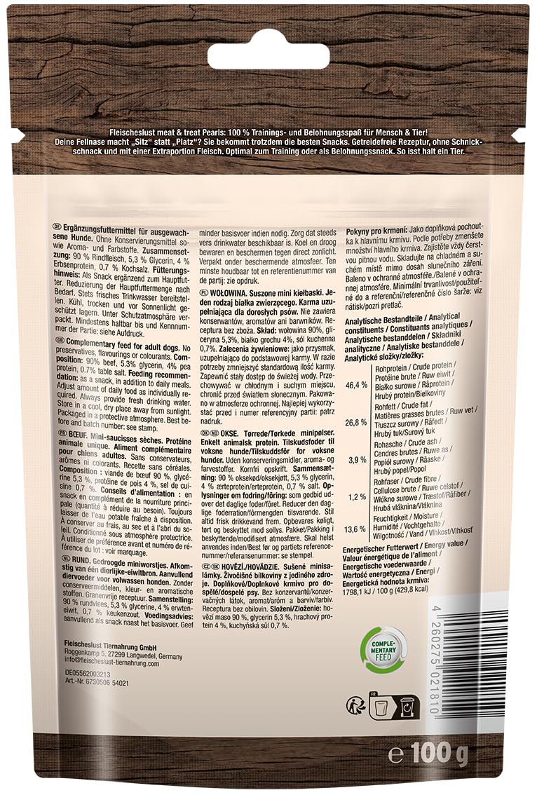 Meat&Treat Pearls Manzo (10 x 100 g), snack per cani senza cereali, snack per l'addestramento dei cani, cibo complementare, snack secco di Fleischeslust