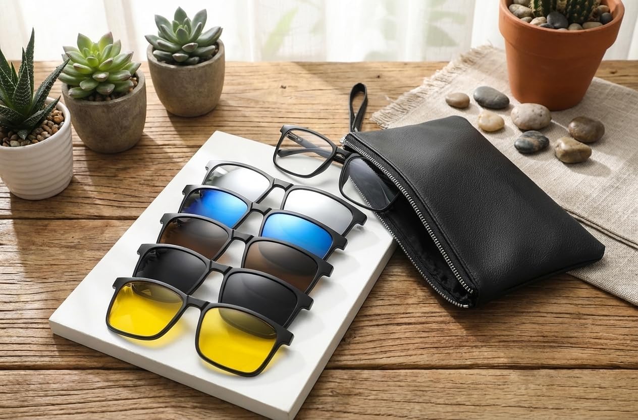Magnetic 5Pcs Clip-On Sunglasses Set for Men and Women – Polarized UV Protection Eyewear & Magnetic Eyeglasses Frames for Night Driving & Everyday Comfort & Fishing