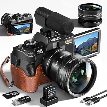 NBD 4K Digital Cameras for Photography - 48MP Travel Photography & YouTube Vlogging Camera with Microphone,16X Digital Zoom, Leather Hold & Strap, 32GB SD Card and Wide Angle Macro Lens-S100-DPT